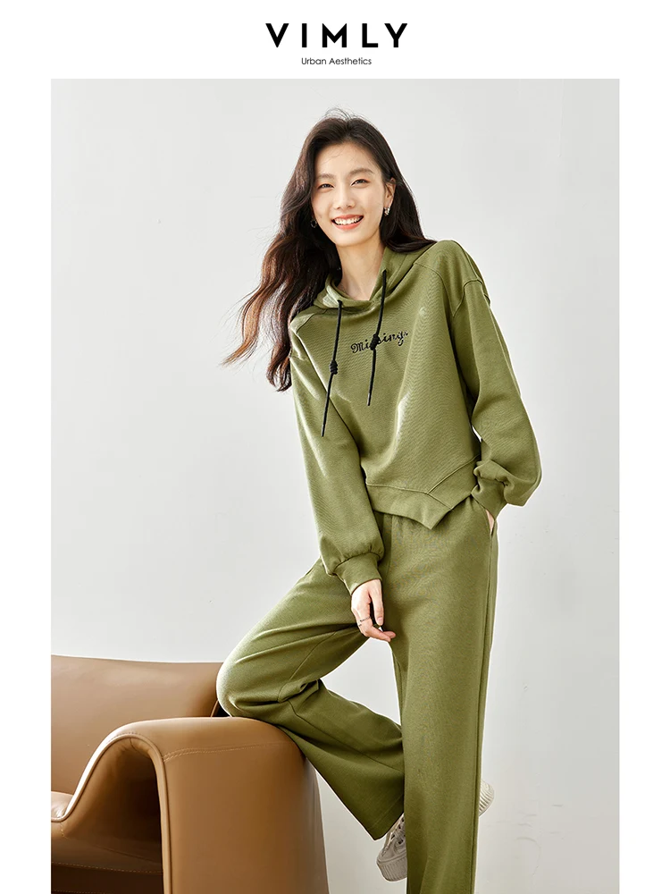 Vimly Green Sweatsuits Autumn Outfits Pant Sets for Women 2023 Sports Suit Tracksuit Hoodies Wide Pants Two Piece Sets M2828