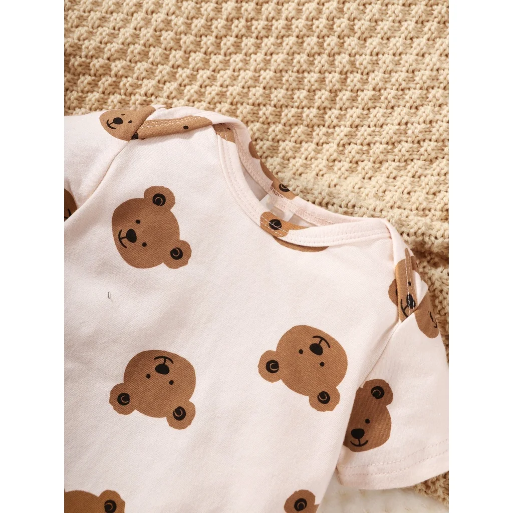 0-9 Ay Yenidoğan Erkek Bebek 4 ADET Giyim Seti Ayı Baskı Kısa Kollu Bodysuit + Pantolon + Şapka + Çorap Sevimli Bebek Fotoğraf Kıyafet_voghion.com