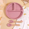 3PCS Silicone Baby Feeding Set BPA Free Suction Bowl Divided Plate Spoon Fork Silicone Bibs Children Tablewar 4