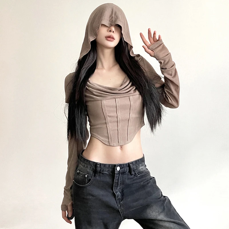 y2k Crop Top Women Punk Gothic Clothes Solid Color Long Sleeve Hooded T Shirt with Thumbhole Wasteland Tee Streetwear