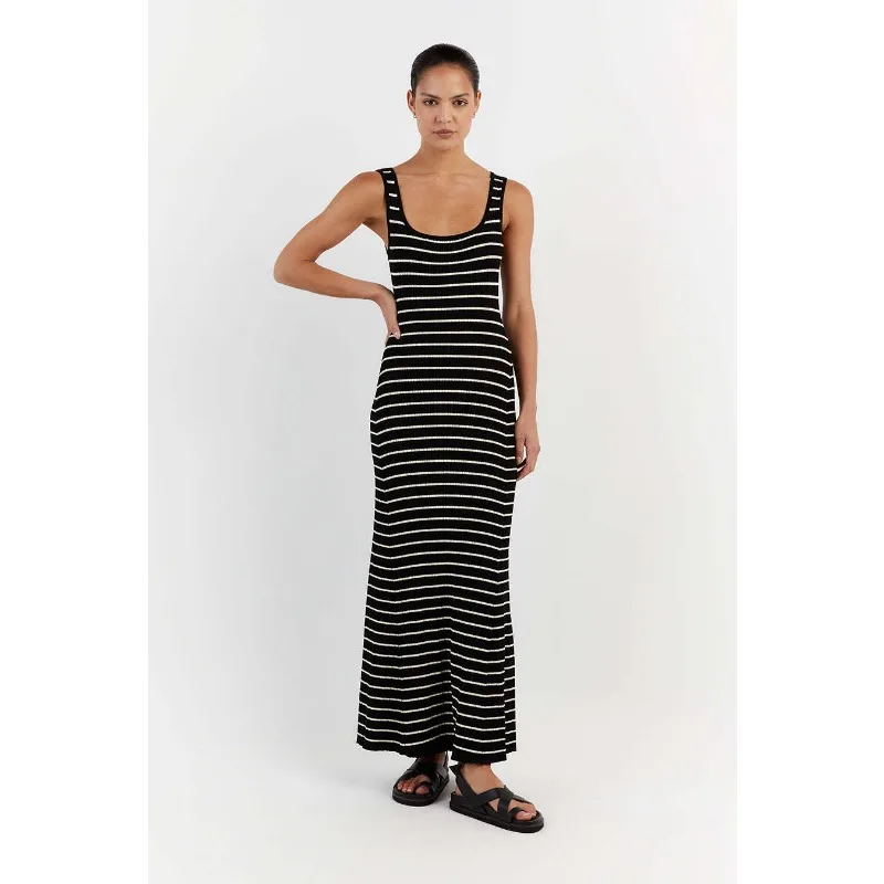 Vestido largo de punto a rayas sin espalda para mujer, cuello redondo, sin mangas, ajustado, elegante, para fiesta, espagueti, para vacaciones y playa