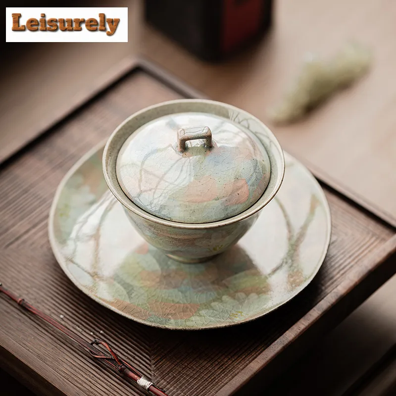 100ML Ice Crack Glaze Gaiwan Japanese Hand Drawn Daisy Tea Tureen Tea Bowl With Lid Kit Tea Brewing Cover Bowl Drinkware Gifts