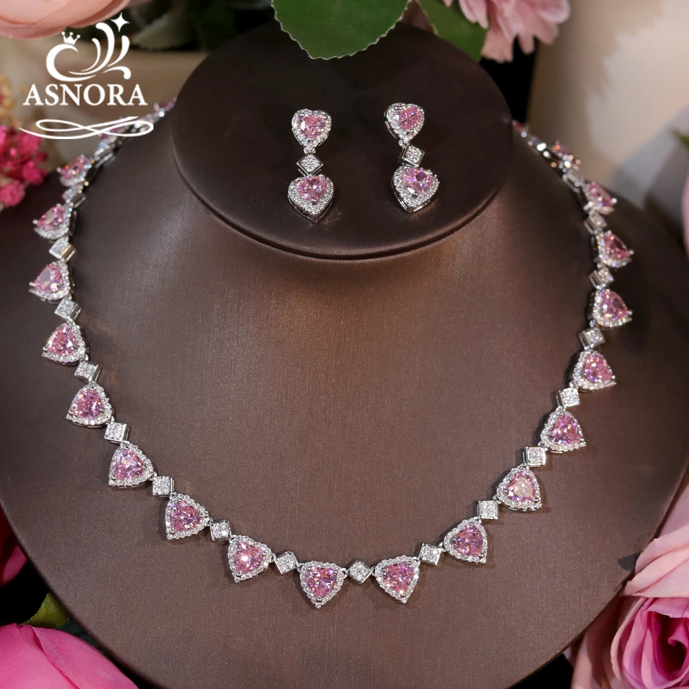 Asnora Official Store 2pcs Cubic Zirconia Pink Heart Shape Necklace Earring for Women Bridal Jewelry Sets Pink