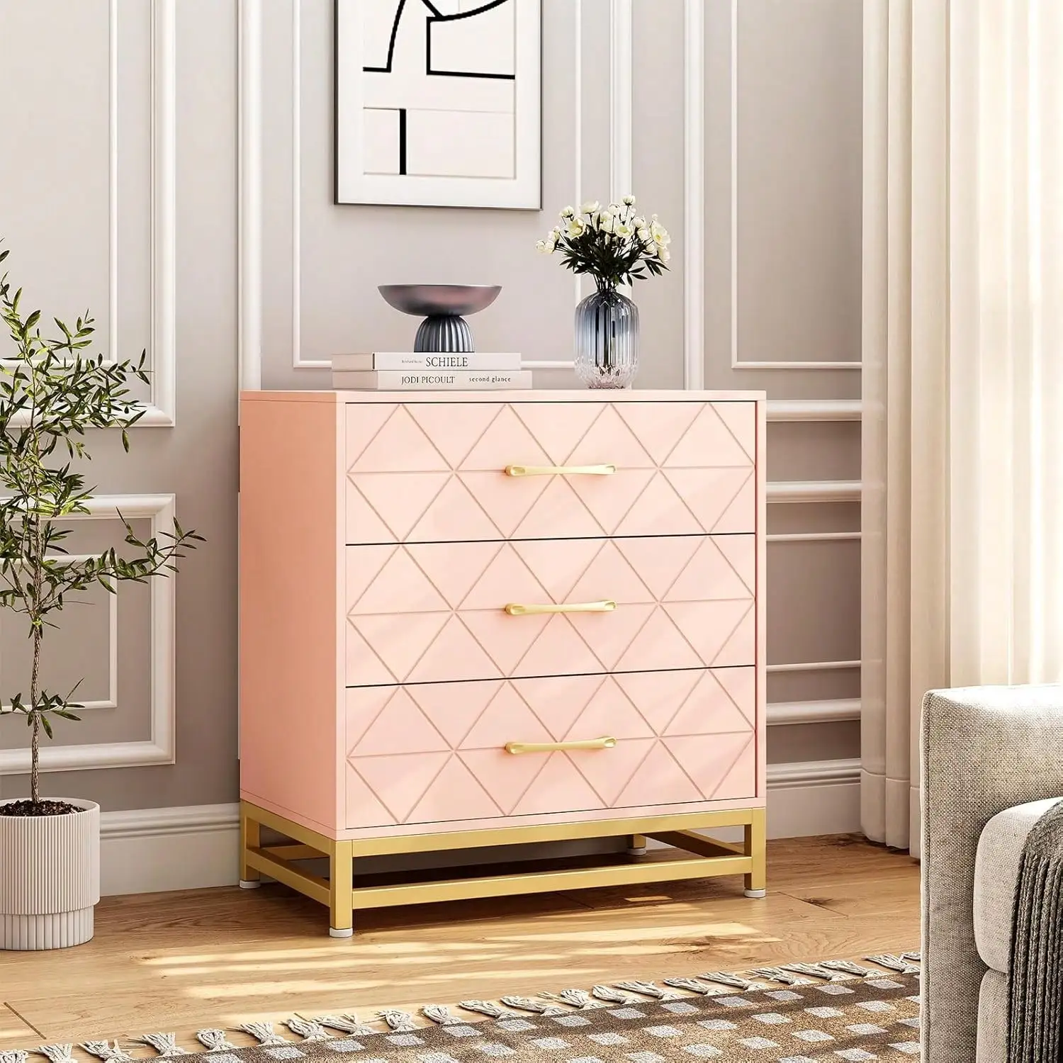 Moderne Kommoden, Kommoden mit breiten Schubladen und Metallgriffen, Holzkommoden für Wohnzimmer, Flur, Eingangsbereich – Detail 12