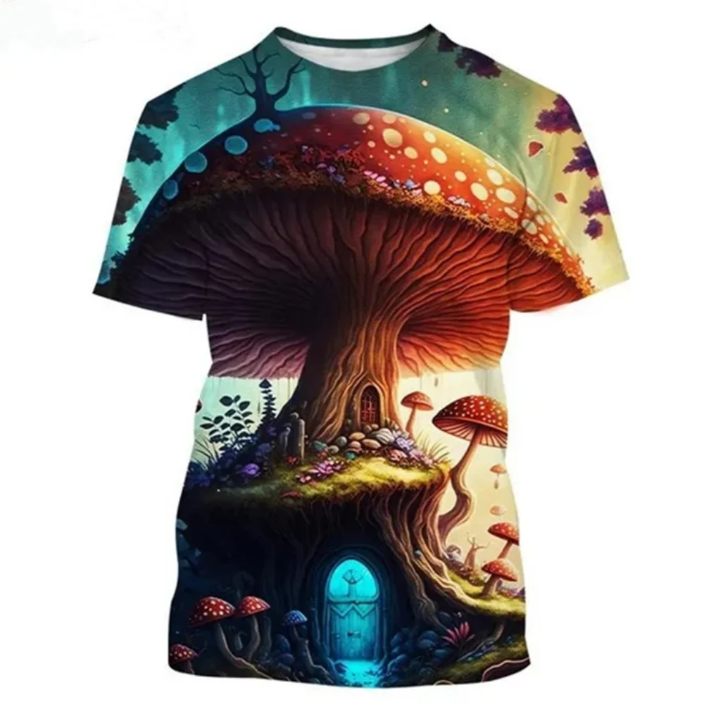 

T-shirt 3D Printed Forest Mushroom Pattern Summer Outdoor Leisure Shopping Round Neck Top Comfortable Large Loose Short Sleeve