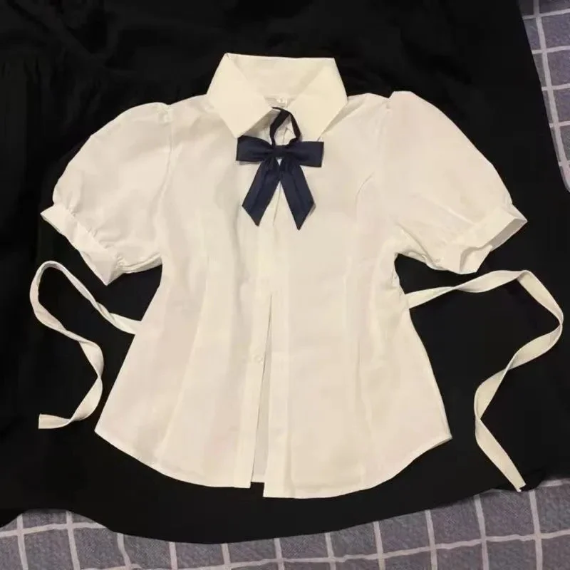 

Sexy Girl Short Sleeve Preppy Style Shirts JK Bandage Slim Fit White Blouse Women Y2k Sweet Bow Tie Neck Blouse Tops 2024 New