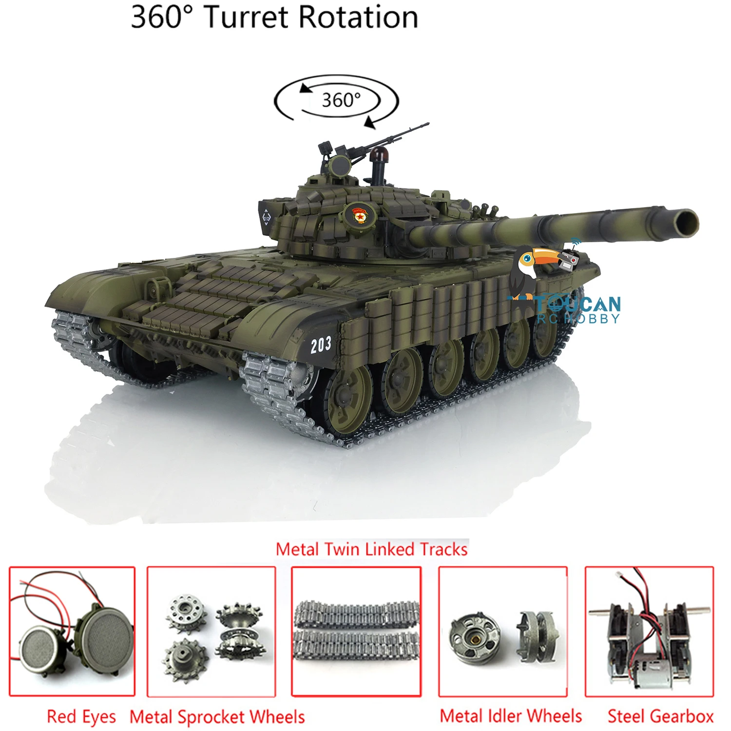 Upgraded Ver Heng Long Soviet T72 RC RTR Tank 1/16 Scale 7.0 3939 360° Turret Red Eyes Armor Remote Tracked Vehicle Toy TH20572 4