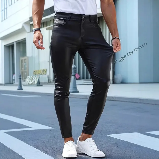 Pantalon Long en cuir pour hommes, coupe cintrée, motard d'extérieur, pantalon en cuir PU, jean serré, pantalon à pieds, Style rétro, tissu mixte 1