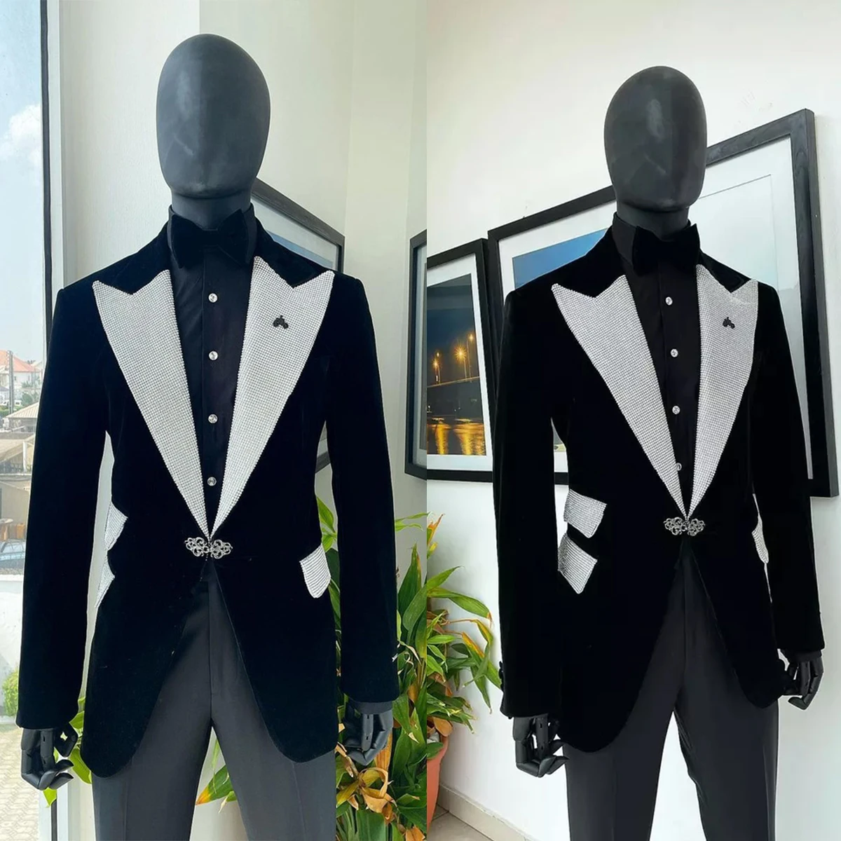 Velvet Men Suits Tailor-Made 2 Pieces Blazer Black Pants One Button Peaked Lapel Beaded Business Wedding Plus Size Tailored
