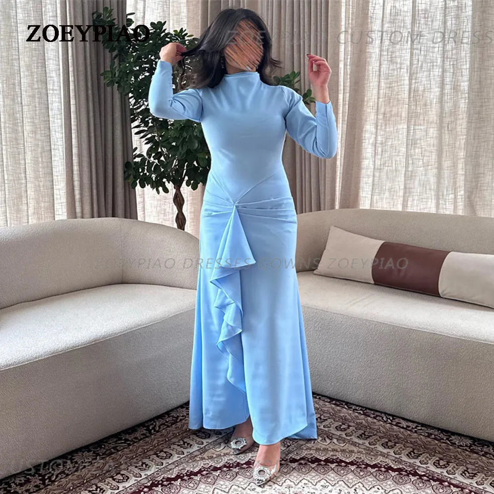 

Vintage Sky Blue Mermaid Evening Dresses 2024 High Neck Long Satin Prom Dress Arabic Custom Formal Gowns Celebrity Dress