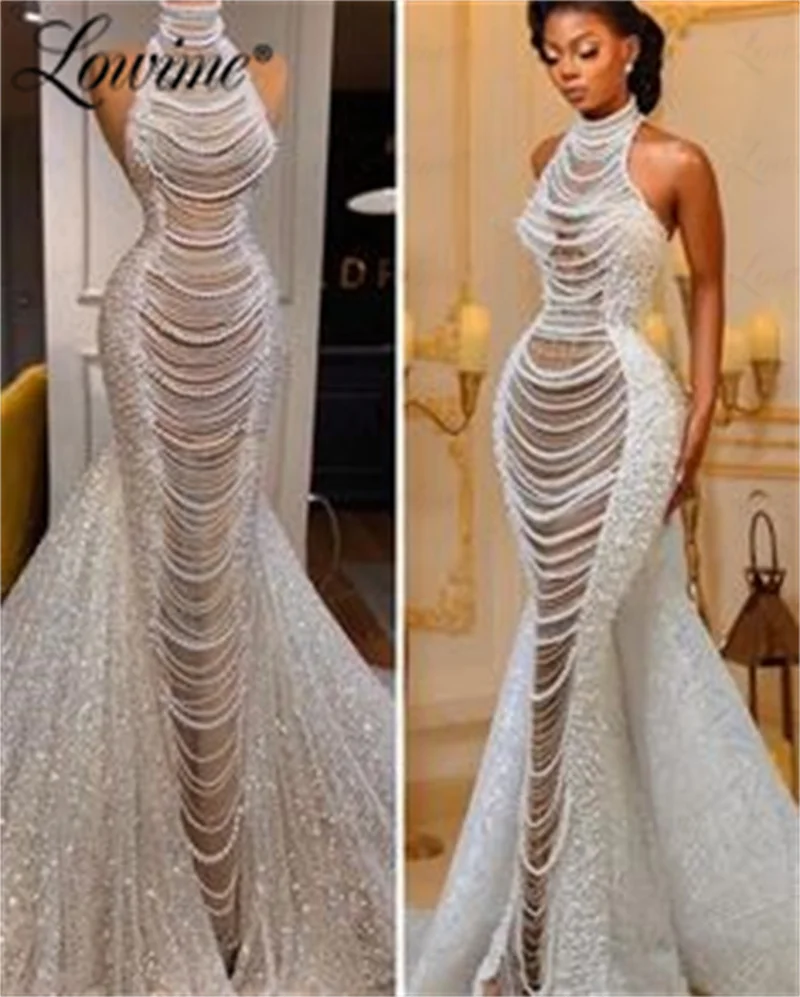 

Luxury Aso Ebi Pearls Beading Tassel Mermaid Long Prom Dresses African Evening Gowns Party Engagement Dresses Robes De Soiree