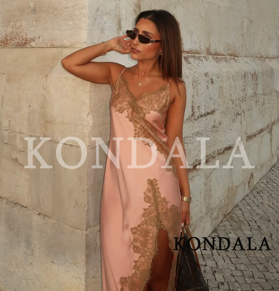 KONDALA Damen Einzigartiges Elegantes Satin-Spitzen-Trägerkleid Sommer High-Street-Mode Asymmetrisches Kleid 2026 Urlaubs-Strandkleid