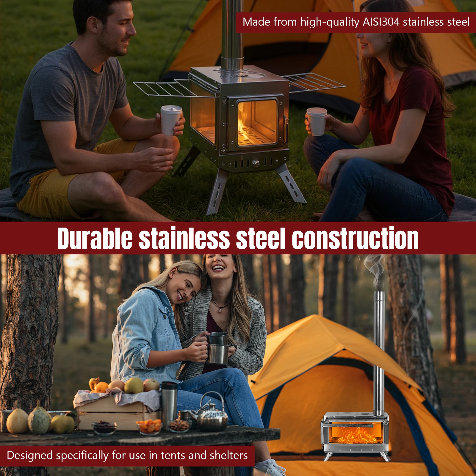 Large Tent Stove with Chimney Pipe Portable Wood Burning Stove Rust Proof Outdoor Heating Stove for Travel Picnic