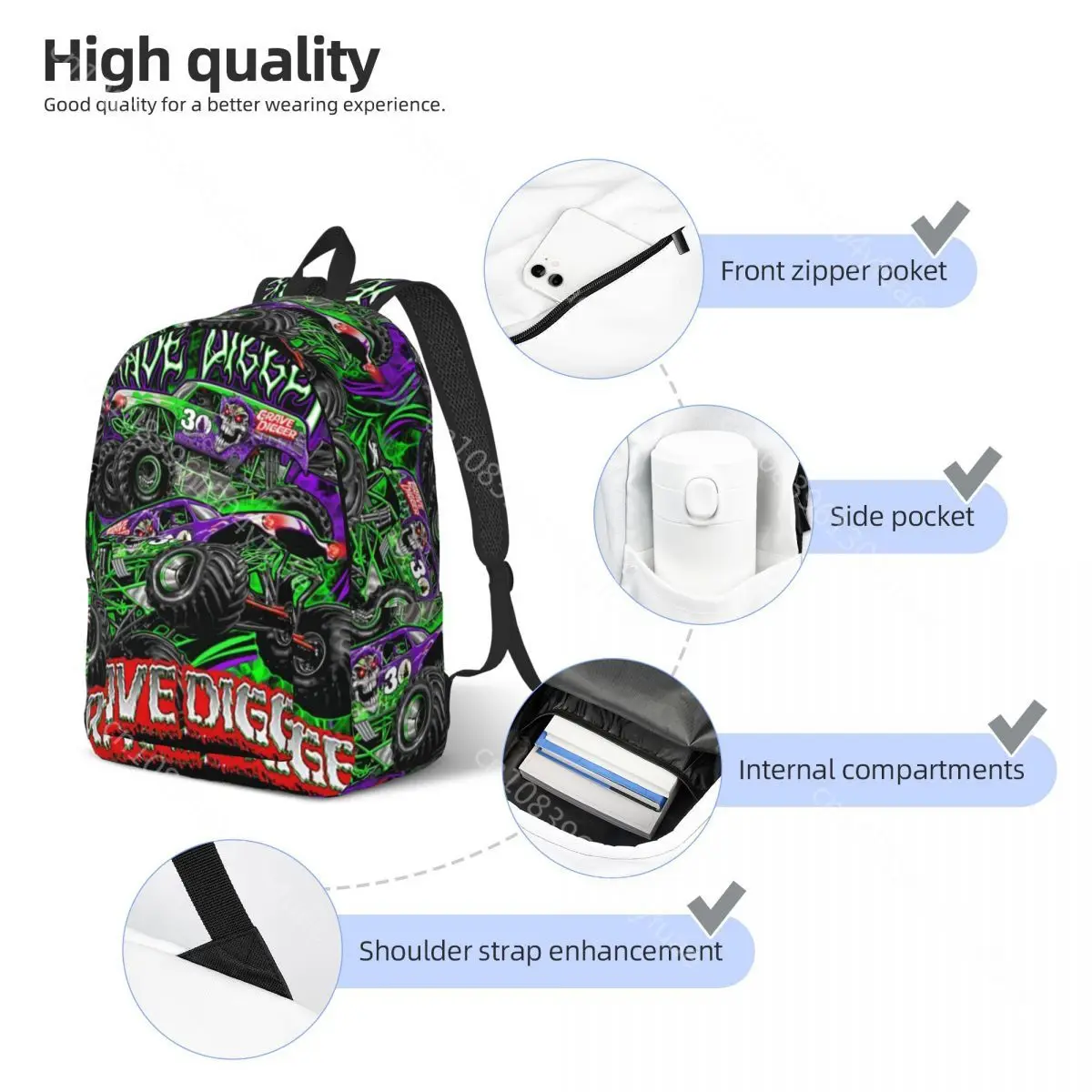 Monster Jam Truck Backpack Grave Digger Unisex Polyester Outdoor Style Backpacks Christmas Gift Kawaii High School Bags Rucksack