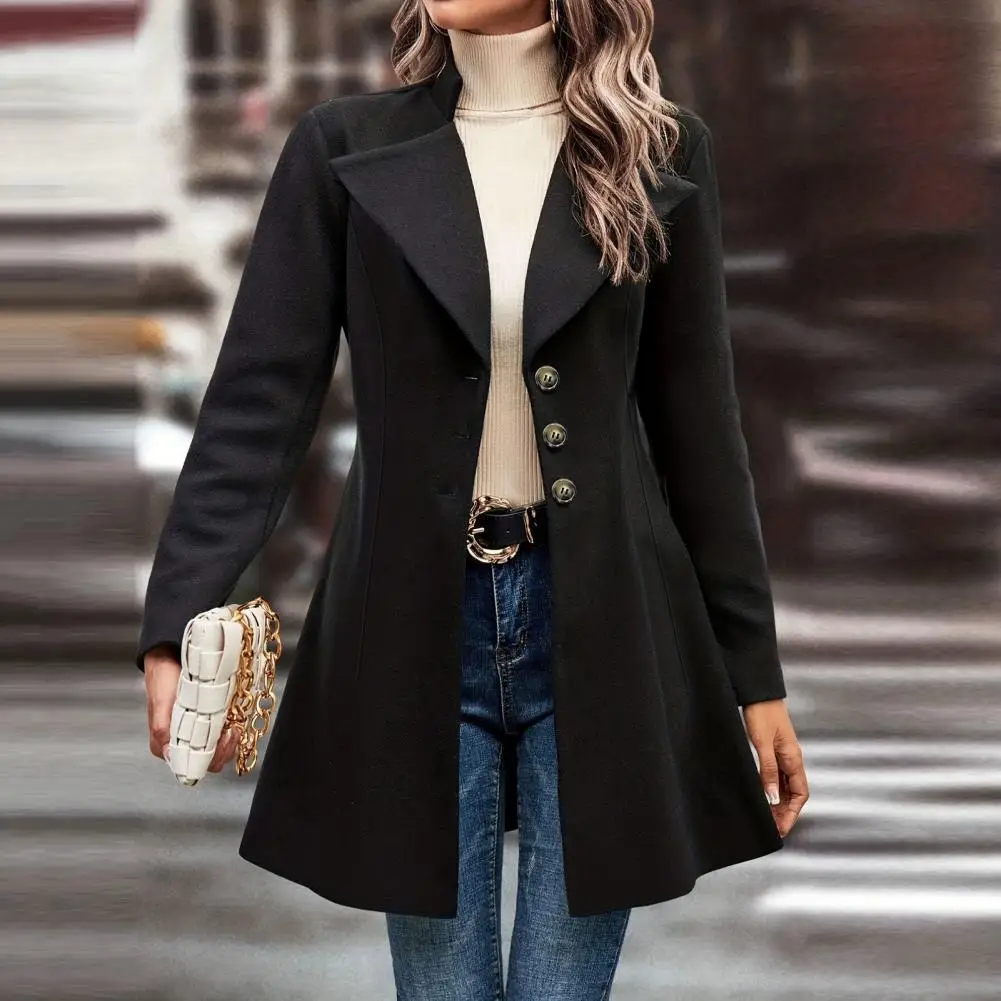 

Женское пальто, осенне-зимнее пальто средней длины, шерстяное пальто на пуговицах с длинным рукавом и воротником-костюмом, однотонная ветровка, верхняя одежда