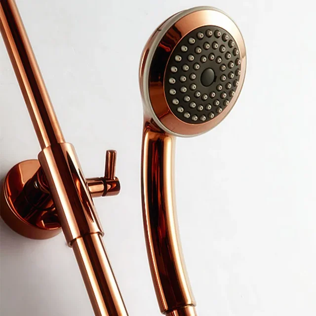 ชุดฝักบัวเรนชาวเวอร์ทองเหลืองสีโรสโกลด์หรูหรา แบบก้านโยกเดี่ยว สำหรับอ่างอาบน้ำ ติดผนัง 6