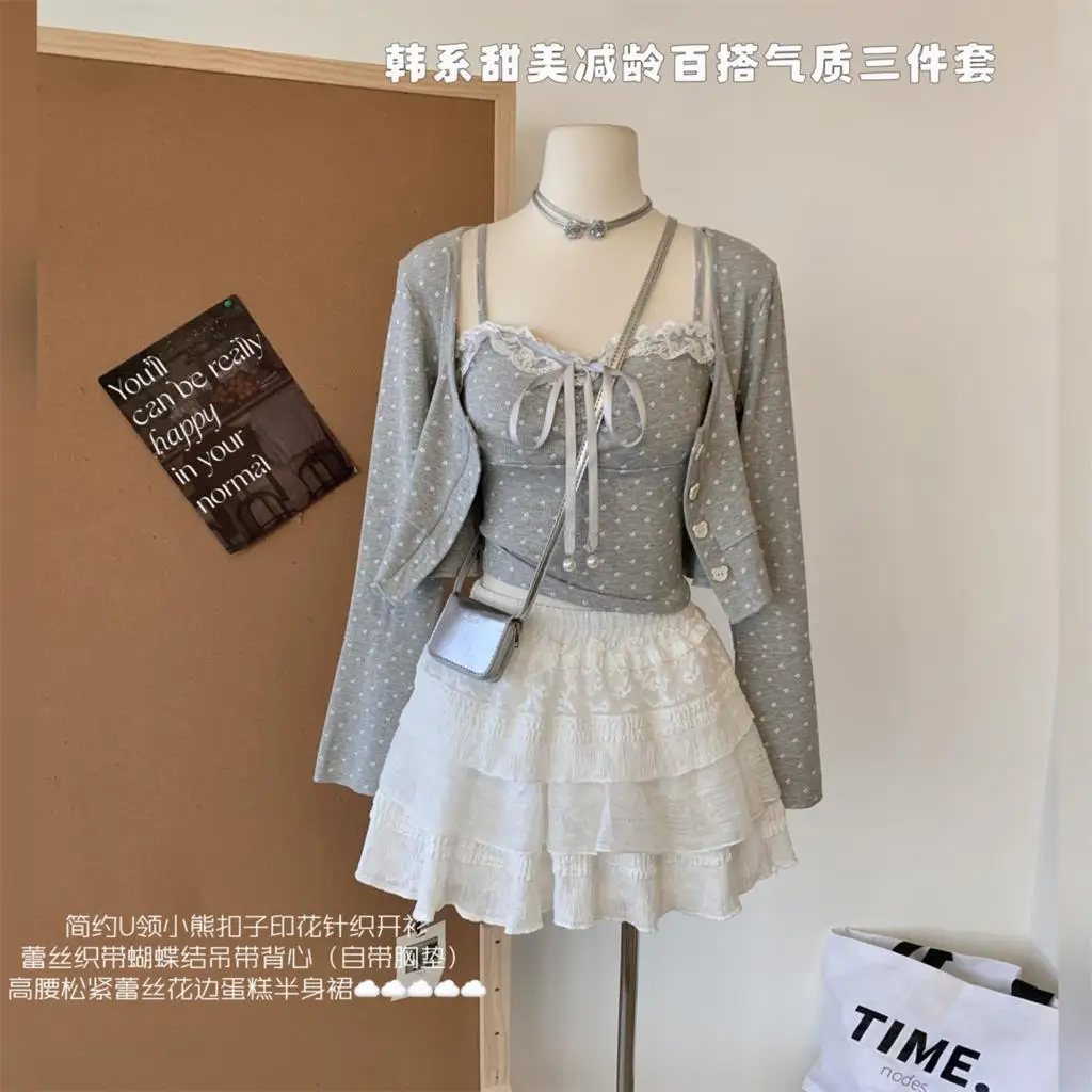 Autumn New Sweet 3-piece Skirt Set Women Spaghetti Strap Top Cardigan Mini Cake Skirt Y2K Kawaii Korean Fashion Suit Clothing