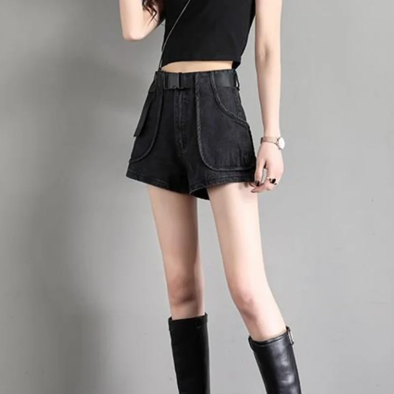With Waist Women's Cargo Denim Shorts Pocket Punk Mini Belt Short Pants for Woman To Wear Biker Jeans Boxer Black XL Streetwear