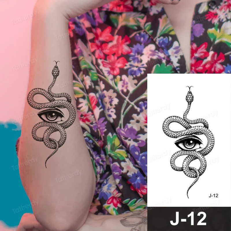 8Pcs/set Snake Fake Tattoo Dark Tide Cool Flower Arm Black Mamba Dead Man Skull Disposable Waterproof Tattoo Stickers Small