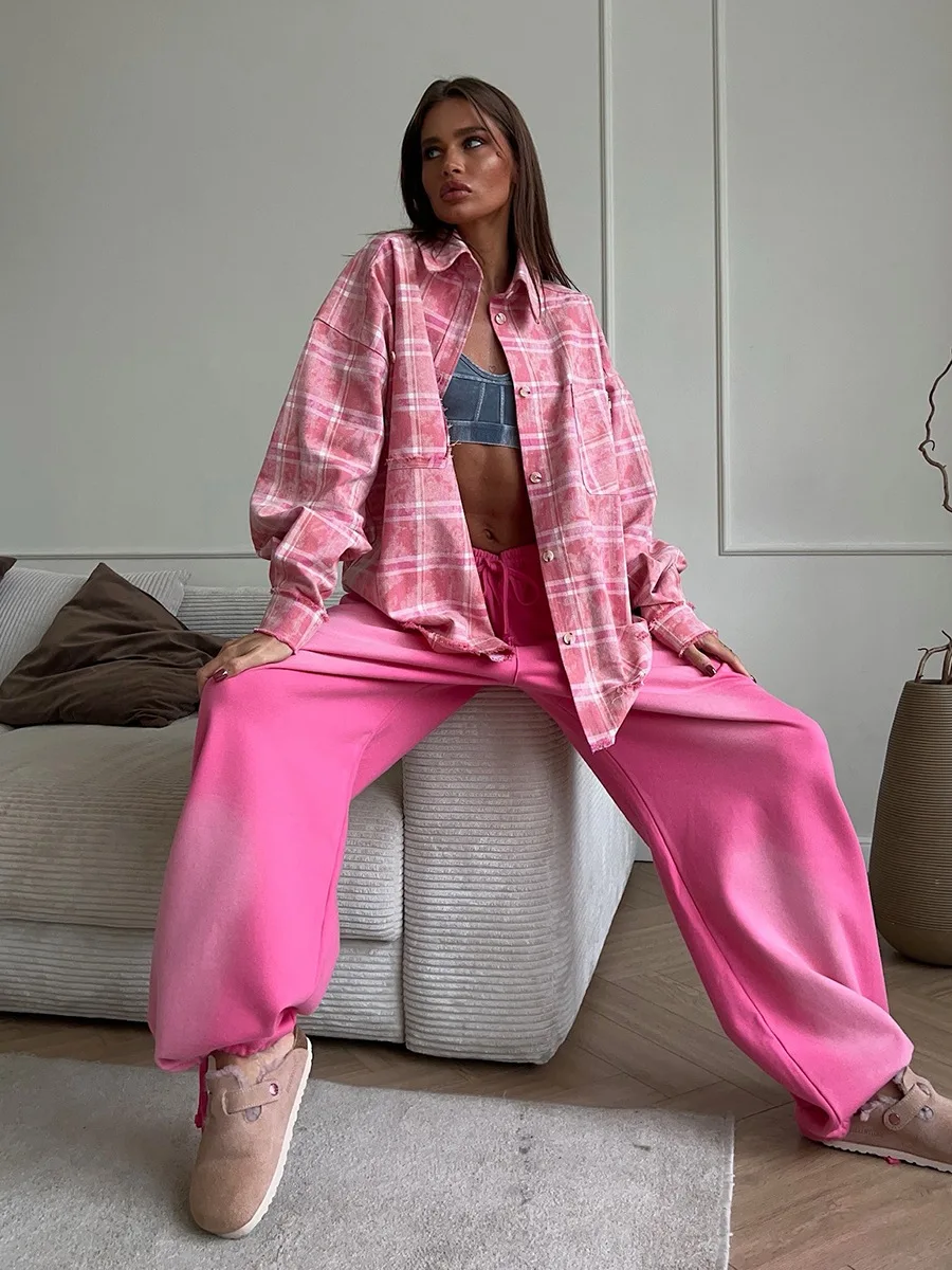 Bornladies 2025 Spring Summer New Fashion Pink Plaid Pocket Shirt Women's Retro Checkered Loose Casual Long Sleeves Coat Shirt
