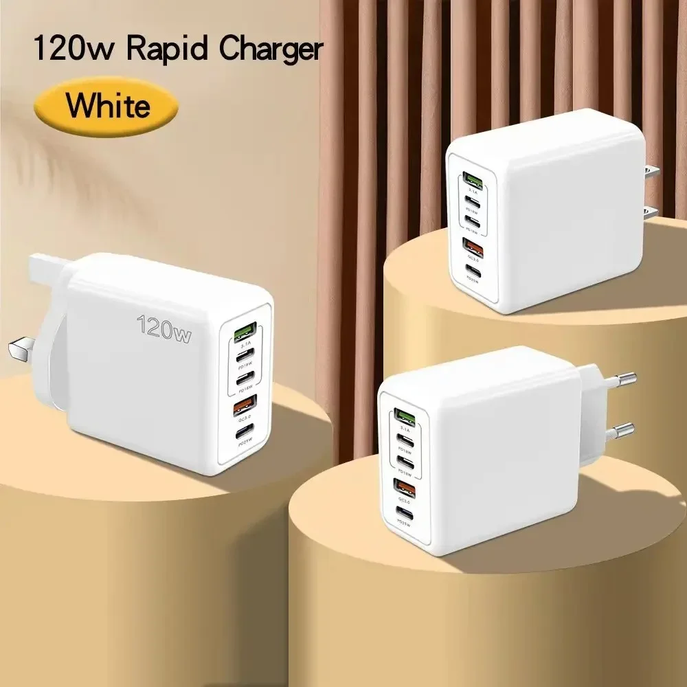 120W 5-Port USB Charger - Fast Charging Wall Adapter for iPhone Samsung Xiaomi Huawei EUUSUK Plug