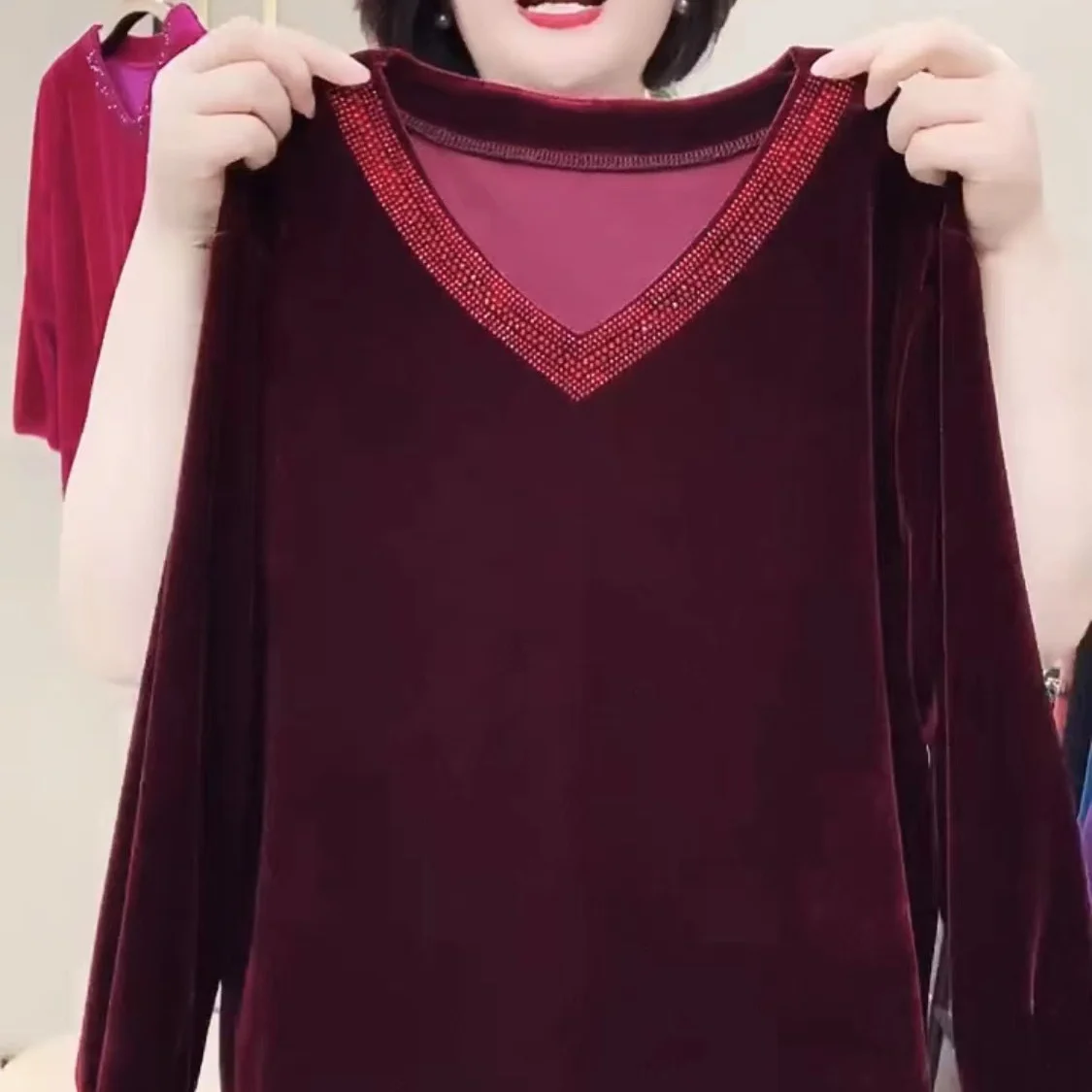 2024 herbst Neue Modische Lose Samt Top für Frauen V-ausschnitt Einfarbig Retro Elegante Pullover – Detail 7