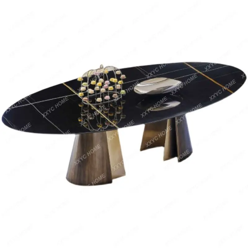 

Black Gold Marble Dining-Table Stainless Steel Dining Bench Modern Light Luxury Oval round Table muebles marble dinning table