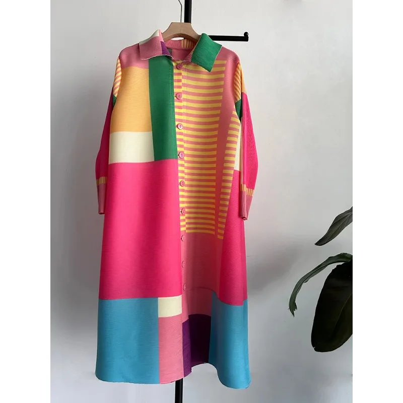 

GGHK Miyake Pleated Color Blocking Female Dress Fashion Striped Design Loose Plus Size Dress Autumn New Women Clothing