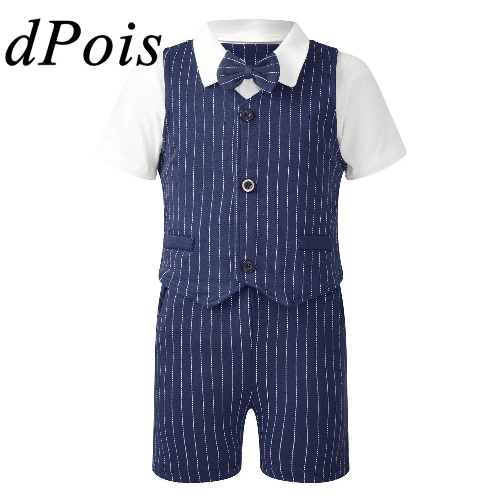 

Children Boy's Suit Kids Gentlemen Outfit Short Sleeve Shirt Stripe Vest Shorts Sets for Birthday Party School Uniforms