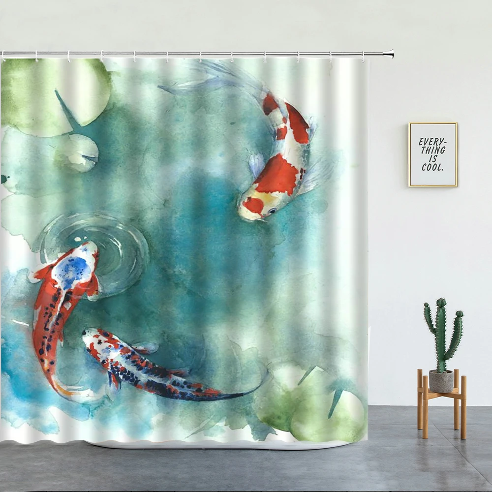 Japanese Scenery Shower Curtains Koi Carp Fish And Blossom for