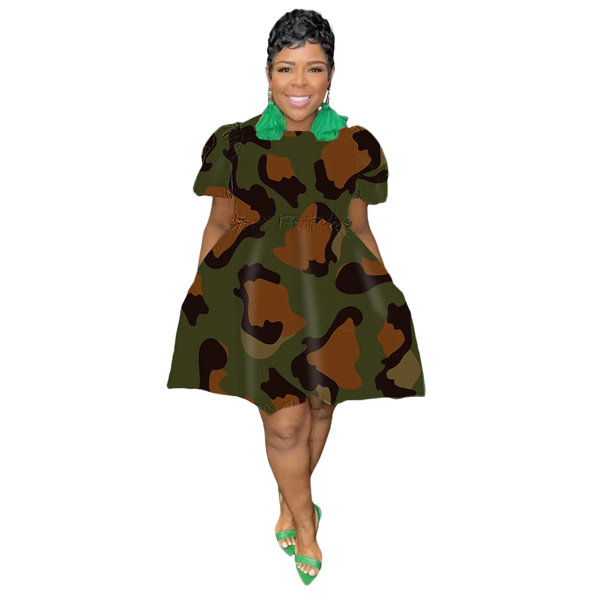 Plus Size Loose Elegant Dress Women Print Puff Sleeve Pretty Cloth Female Casual Wide Gowns 2023 Summer New In Party Dress