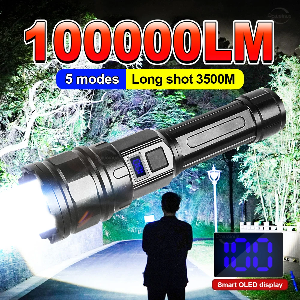 1000000LM Ultra Powerful Flashlight Zoom 3500M Long Range Torch High Power Led Flashlights Rechargeable Strong Tactical Lantern