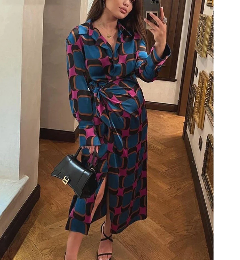 

Side Split Women Fashion Geometric Print Blue New In Shirt Wrap Dress Women Long Sleeve Bowknot Maxi Long Vestido Robe