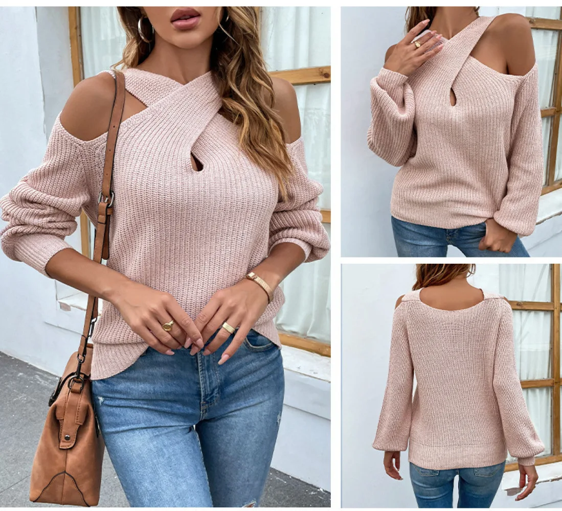 

Spring and Autumn New Solid Color Off Shoulder Cross Hanging Neck Lantern Sleeve Knitted Sweater for Women Loose Fit Pullovers
