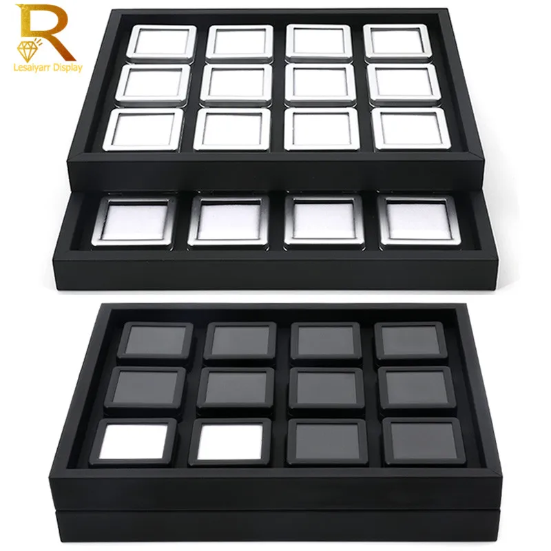 Modern Gem Stone Jar Display Box Diamond Jewelry Beads Coin Organizer Gemstone Jewellery Tray Storage Container Black PU Leather
