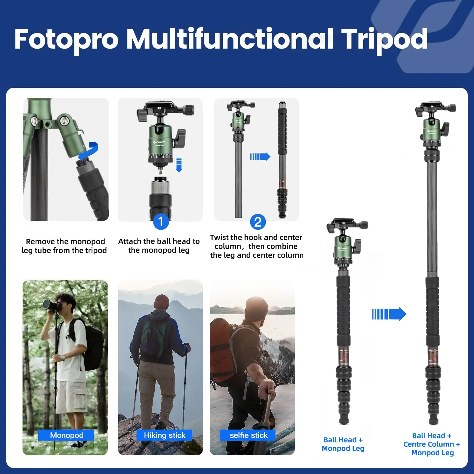 Fotopro 59" Carbon Fiber Travel Tripod Compact Camera Tripod for DSLR Smartphone Maxload 8KG X-GO E2 2 Fotopro 59" Carbon Fiber Travel Tripod Compact Camera Tripod for DSLR Smartphone Maxload 8KG X-GO E2 - Image 2
