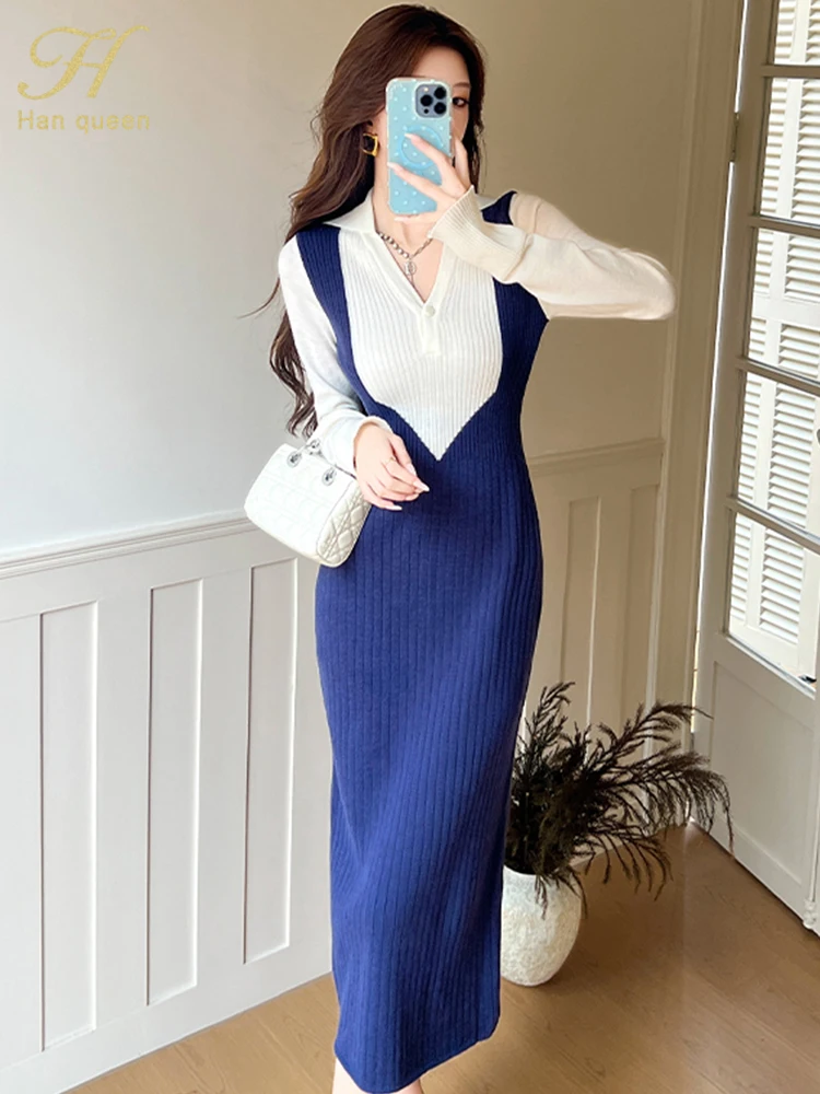 Long Sleeve Turn Down Collar Elastic Slim Autumn Sexy Bodycon Sweater  Pencil Dresses Women Korean Knitted Dress - AliExpress 200000345
