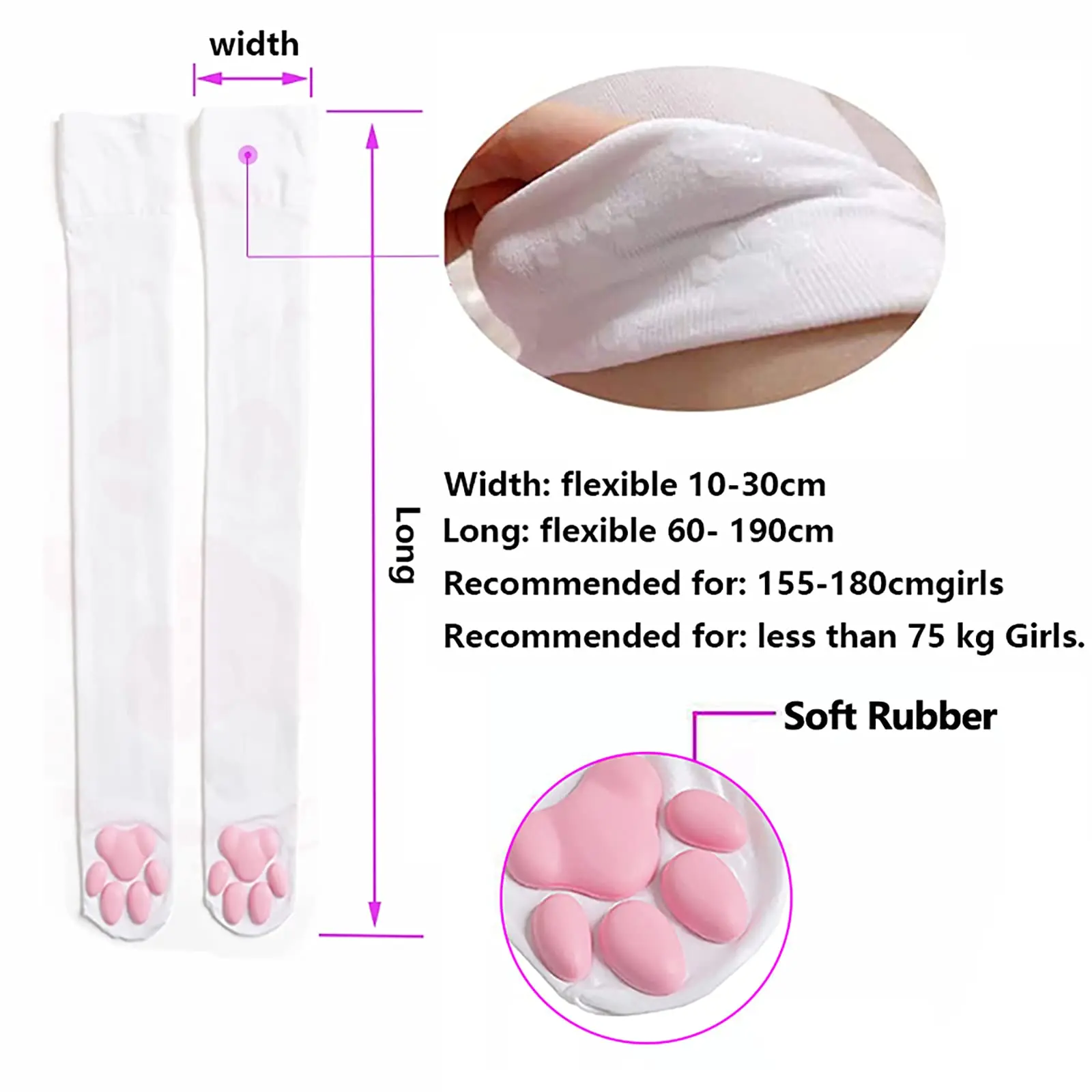KittyNook Cat Co. 3D Cat Paw Meat Pad Socks: white thigh-highs with pink paw prints, flexible sizes, weight guide included.