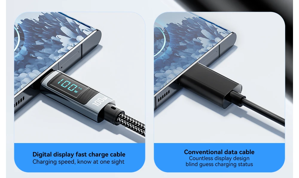 100W USB Type C Cable 90 ° LED Digital Display Cable 5A PD Fast Charging For iPh