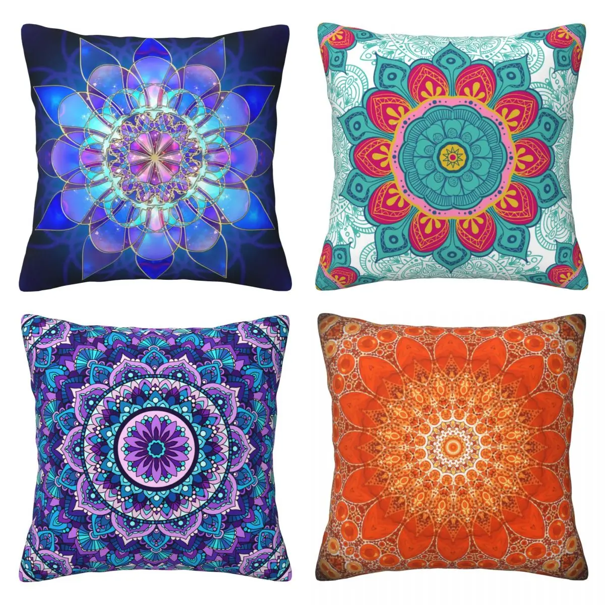 

Blue Mandala Throw Pillow Cover Set of 4 Square Decor Home Pillow Case Printed For Sofa Protector 18 x 18 Inch