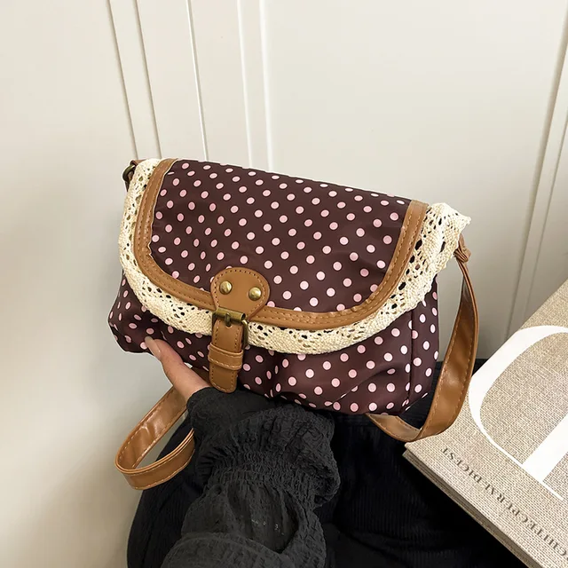 French Retro Dot Women Shoulder Bags Sweet Lace Ladies Flap Crossbody Bag Purse Elegant Portable Female Lightweight Handbags