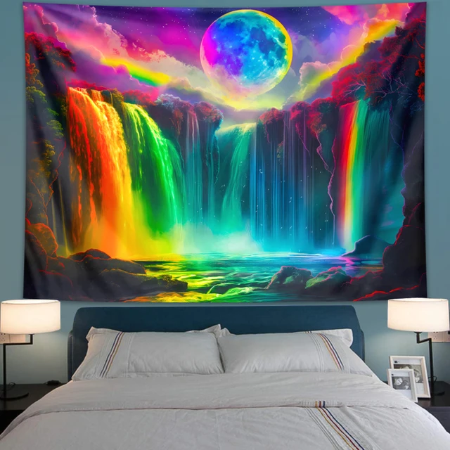 Tapisserie colorée à réponse UV, cascade, lune, ciel nocturne, paysage naturel, lumière noire, décoration de la maison, 1 pièce 4