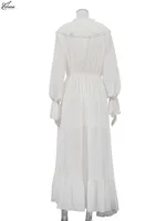 Oymimi Elegant White Ruffled Dresses 2025 Woman Fashion V-Neck Lace-Up Long Sleeve Dresses Casual High Waist Floor-Length Dress - Image 6