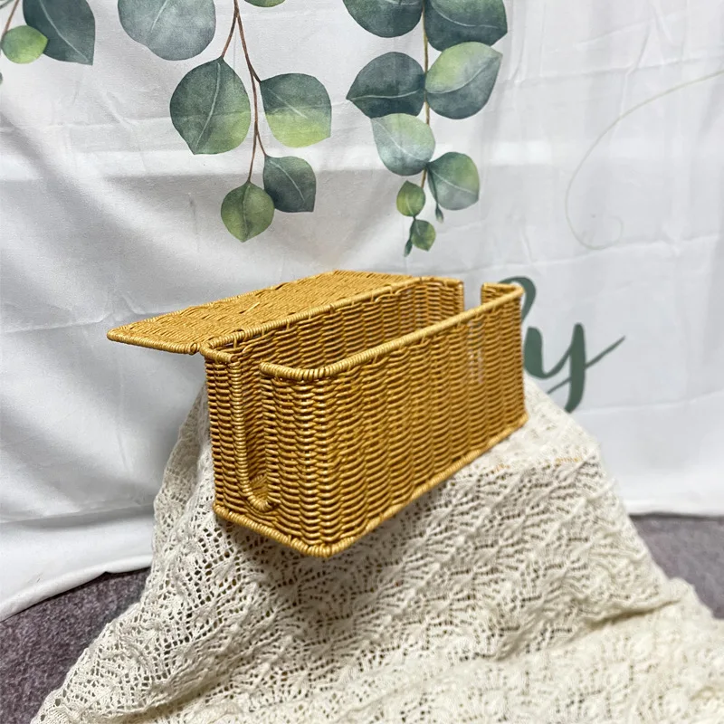 Scandinavian Rustic  Desktop Plug Socket Organizer Box Imitation Rattan Bedroom Data Cable Power Cord Organizing Storage Basket 4