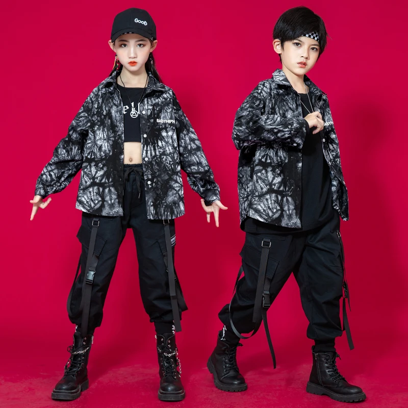 

Kids Cool Hip Hop Show Clothing Blue Tie Dye Shirt Casual Streetwear Cargo Pants For Girl Boys Jazz Dance Costume Stage Clothes