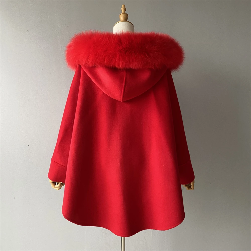 Elegant wool coat with fox fur - side profile view