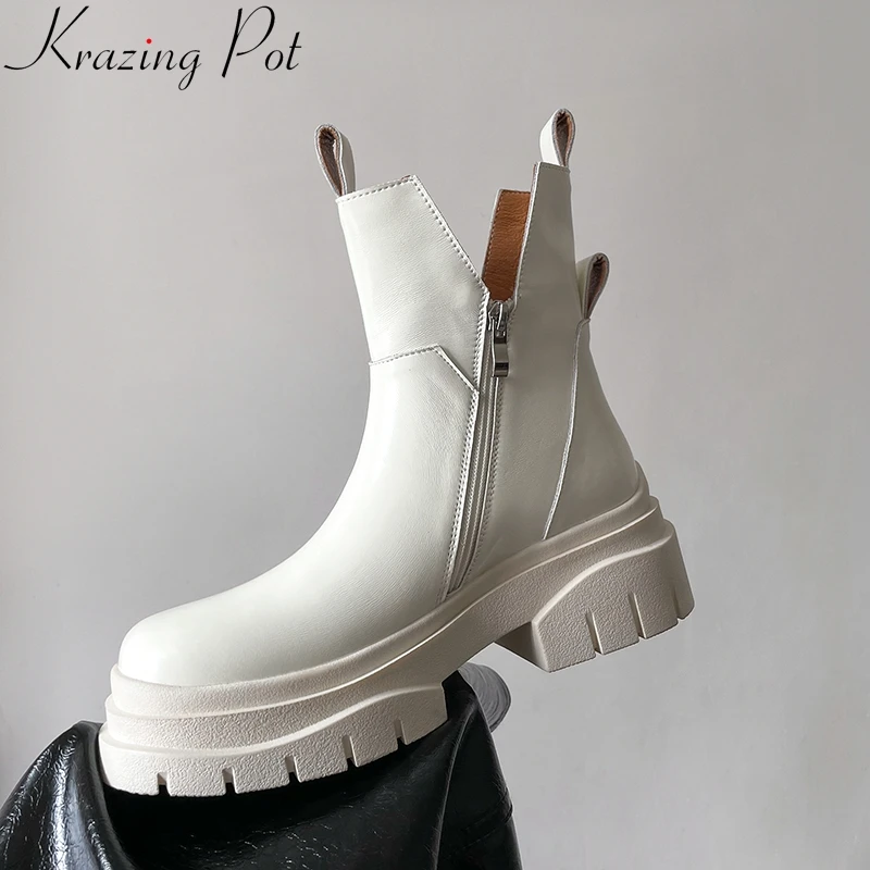 

Krazing Pot 2023 Brand Cow Leather Platform High Heel Chelsea Boots Zipper Concise Comfortable Elegant Solid Runway Ankle Boots