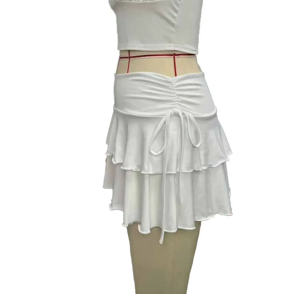 Solid Color Lace Up Girls Short Mini Skirt Slim Fit Ruffle High Waist A-line Skirt Teens Cake Dress Pleated Mini Skirts Summer