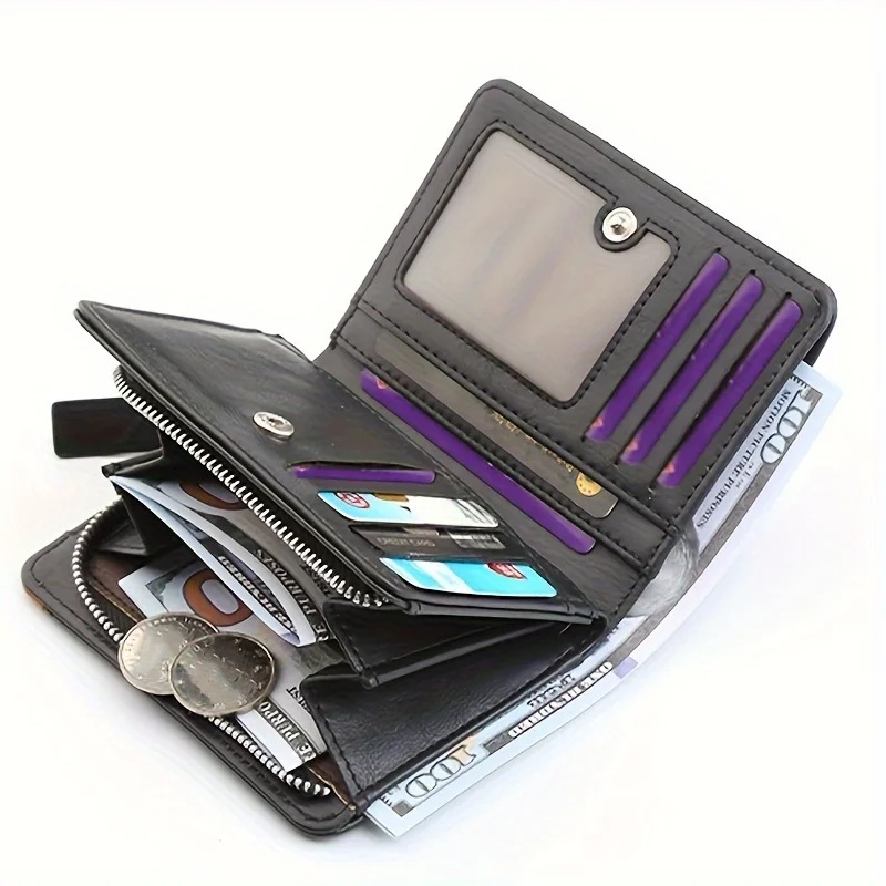 2024 New Men's PU Leather Short Wallet With Zipper Coin Pocket Vintage Big Capacity Male Short Money Purse Card Holder 6