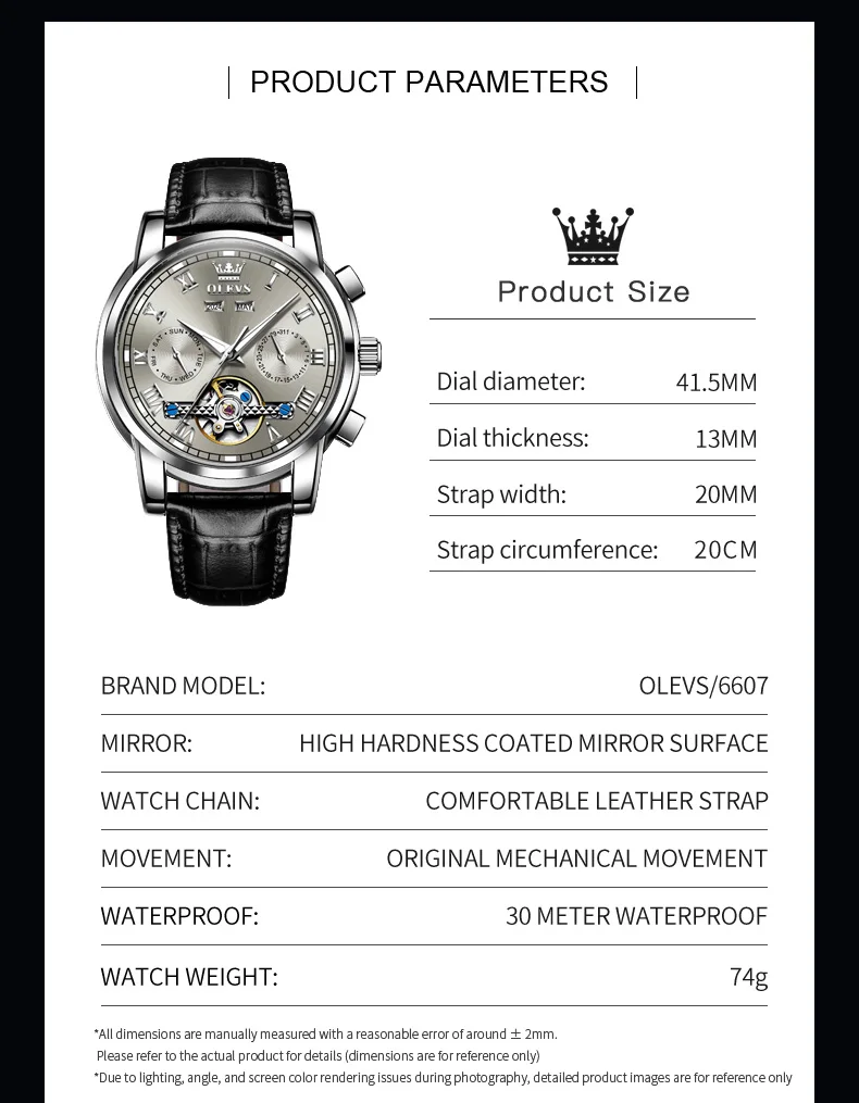 OLEVS 6607 Men Watches Tourbillon Dial Dual Calendar Display Luxury Automatic Watch